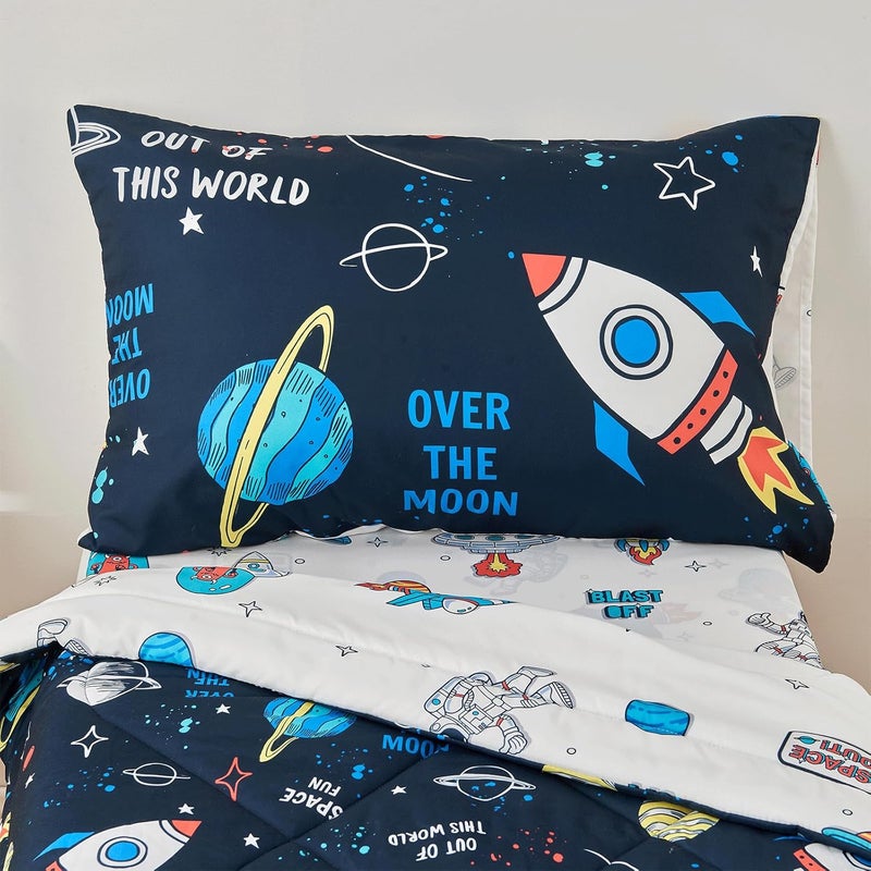 beeweed 2 Sides Design Rocket Toddler Comforter Set, 4 Pieces Space Ship Toddler Bedding Set Boys Girls, Includes Comforter, Fitted Sheet, Flat Sheet & Reversible Pillowcase - Image 5